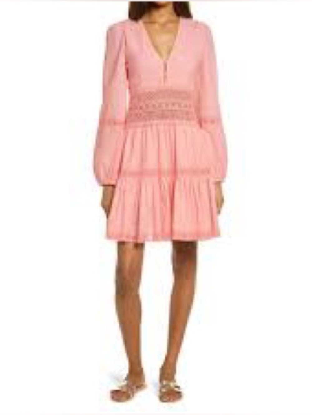 V-Neck Pink Long-Sleeve Tiered Mini Dress